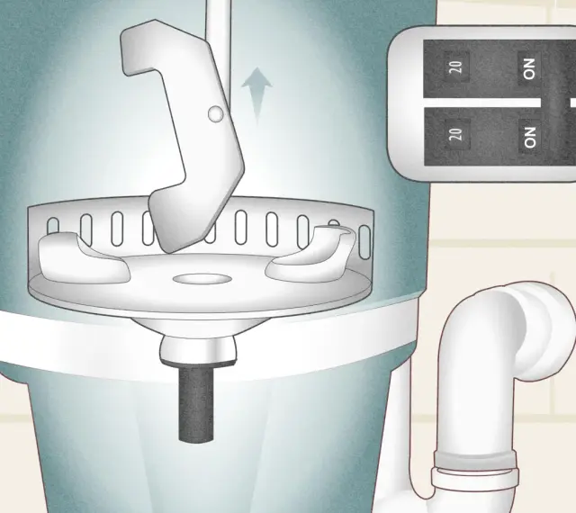 Illustration showing a tool being inserted into a garbage disposal to help unclog it. A switch with "ON" is visible.