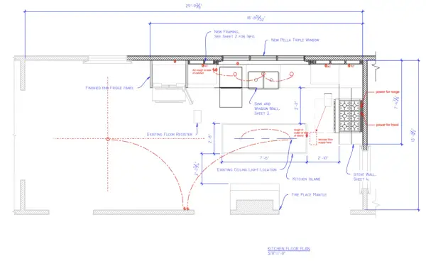 Detailed kitchen cabinet layout showing sink, island, stove, and fridge placement.
