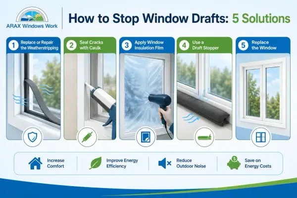 Stop window drafts with weather stripping, caulk, insulation film, draft stoppers, or replacement. Improve comfort & save energy.