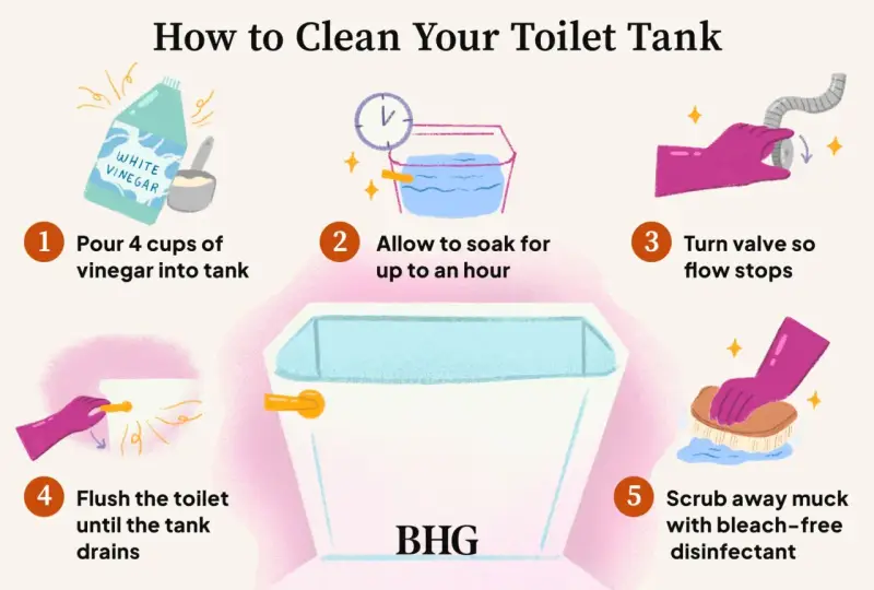 Steps to clean toilet tank: pour vinegar, soak, turn off water, flush, scrub with disinfectant.