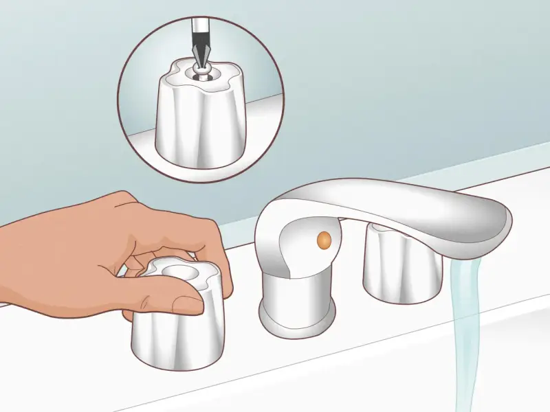 Illustration showing how to fix a dripping bathtub faucet. A hand removes a handle, while a close-up shows a screwdriver removing a screw from another handle.