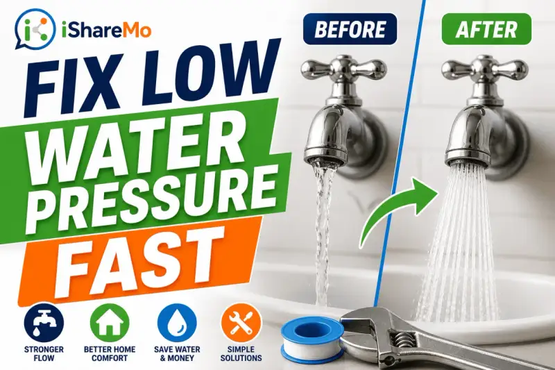 Fix low water pressure fast! Before and after comparison shows a weak stream vs. a strong spray. Learn how to increase water pressure for better flow.
