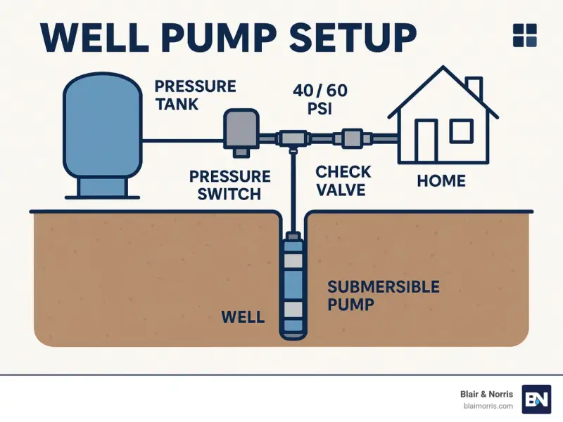 Diagram illustrating a well pump installation, showing a submersible pump in a well connected to a pressure tank, pressure switch, check valve, and a home.
